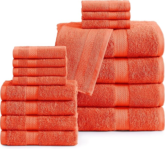 Lane Linen 100% Mercerized Cotton Bathroom Towel Set - 16 Pieces - Fluffy, Super Soft & Highly Absorbent - 4 Bath Towels, 8 Washcloths, 4 Hand Towels - RingSpun, Double Sided Cotton Terry - Tiger Lily