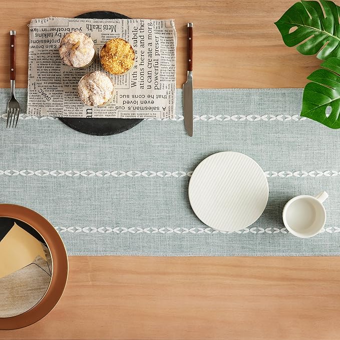 Braided Farmhouse Table Runner,Braided Dusty Blue 13x108 Inch, Cotton Linen Table Runners 108 Inches Long, Embroidered Striped Dusty Blue Boho Table Runner Rustic Home Decor