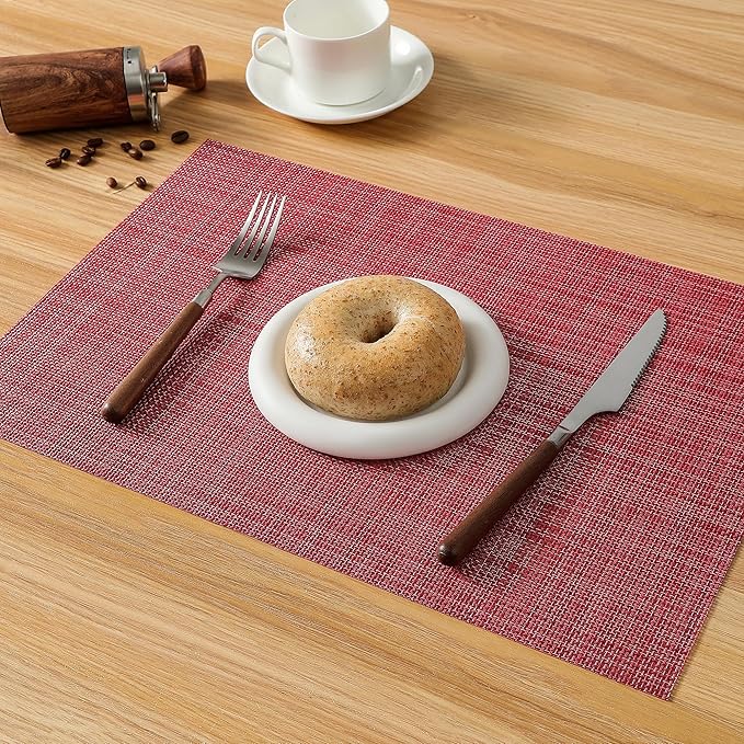 Christmas Red Placemats Set of 6 - Heat Resistant Non-Slip Place mats for Dining Table, Washable Durable PVC Vinyl Woven Table Mats