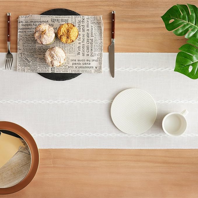 Braided Farmhouse Table Runner, Braided White 13x108 Inch, Cotton Linen Table Runners 108 Inches Long, Embroidered Striped White Boho Table Runner Rustic Home Decor ﻿