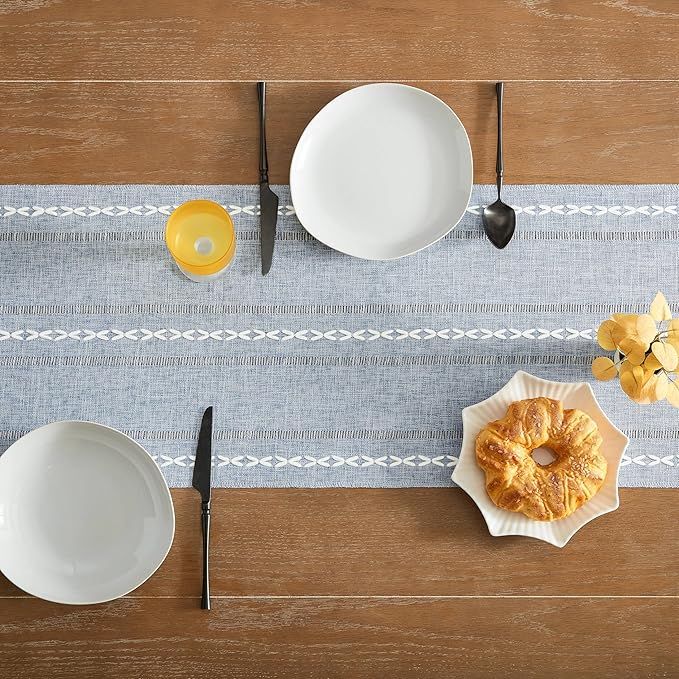Hemstitched Farmhouse Table Runner, Blue 13x36 Inch, Cotton Linen Table Runners 36 Inches Long, Embroidered Striped Blue Boho Table Runner Rustic Home Decor