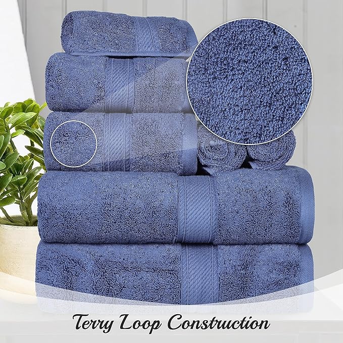 BNM Egyptian Cotton Heavyweight Towels, Ideal for Bathroom, Shower, Spa, Hotel, 800 GSM, Face/Washcloths, Hand Towels, Bath Towels, Highly-Absorbent, Luxury Home Basics, 9 Piece Towel Set, Navy Blue