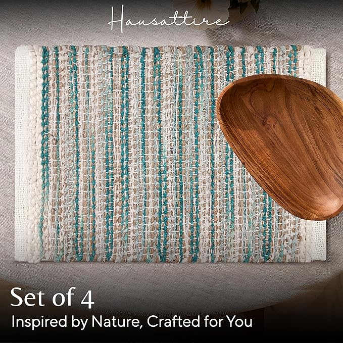 Hausattire Woven Table Placemats Set of 4 - Teal, Jute Boho Outdoor Table Mats for Kitchen Dining Decoration | Heat Resistant Farmhouse Rustic Dinner Placemat for Thanksgiving Decor - 13x19 Inch