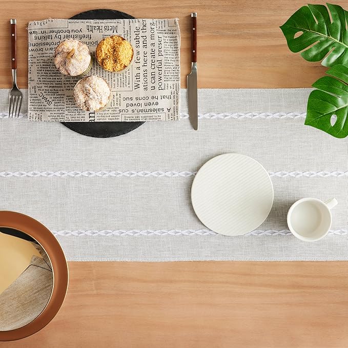 Braided Farmhouse Table Runner, Braided Light Grey 13x60 Inch, Cotton Linen Table Runners 60 Inches Long, Embroidered Striped Light Grey Boho Table Runner Rustic Home Decor