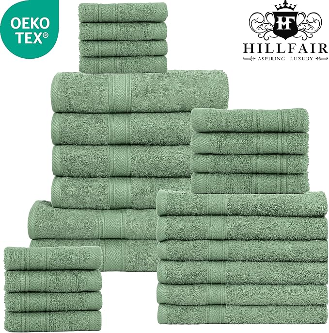HILLFAIR - 100% Cotton 24 Piece Bath Towels Set for Bathroom- 24 PC Bulk Pack - Quick Dry Absorbent Hotel Spa Towel Set- 2 XXL Oversized Sheets, 4 Bath, 6 Hand, 4 Fingertip Towels, 8 Washcloths: Sage
