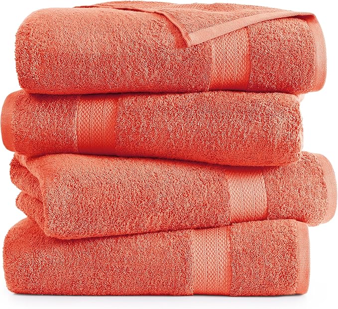 LANE LINEN 100% Cotton Ring Spun Bath Towels (28"x54") - 4 Pieces - Large Towels for Bathroom - Quick Drying, Soft & Absorbent Large Shower Towel Set - Used in Gym, Hotel, Spa, Home - Living Coral