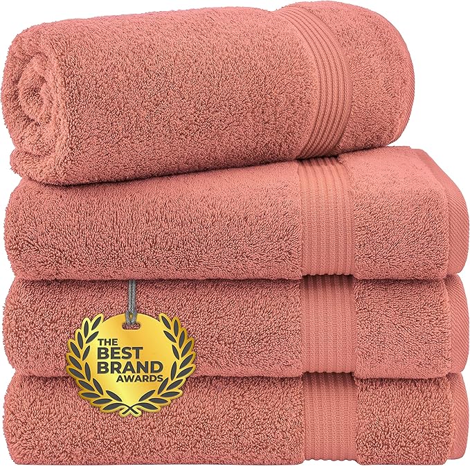 Cotton Paradise 4 Piece Turkish Bath Towels for Bathroom, 100% Cotton Extra Large Soft Plush Towels Bathroom Set, Coral