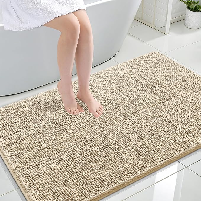 OLANLY Bathroom Rugs 47x32, Extra Soft Absorbent Chenille Bath Rugs, Rubber Backing Quick Dry, Machine Washable Bath Mats for Bathroom Floor, Tub and Shower, Home Decor Accessories, Beige