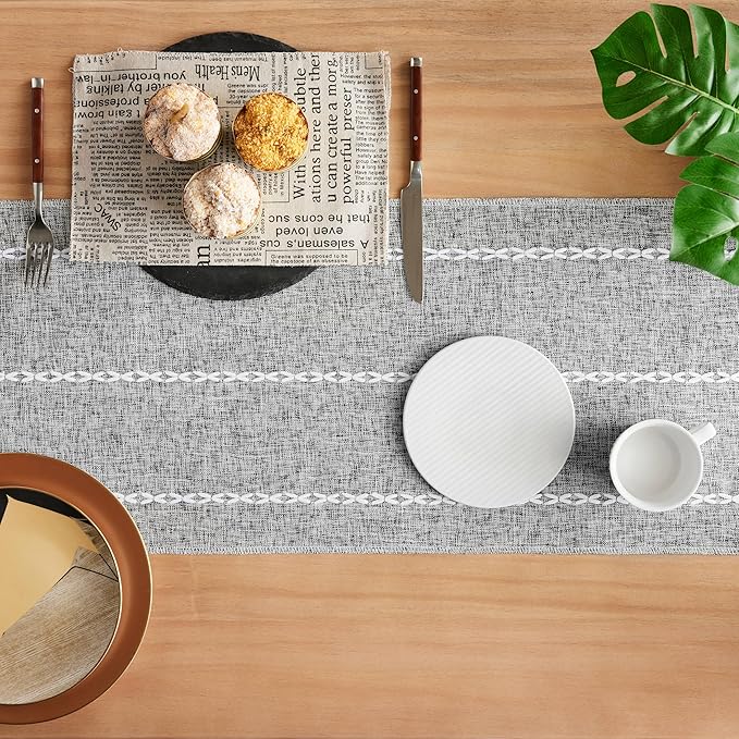 Braided Farmhouse Table Runner, Braided Charcoal 13x60 Inch, Cotton Linen Table Runners 60 Inches Long, Embroidered Striped Charcoal Boho Table Runner Rustic Home Decor