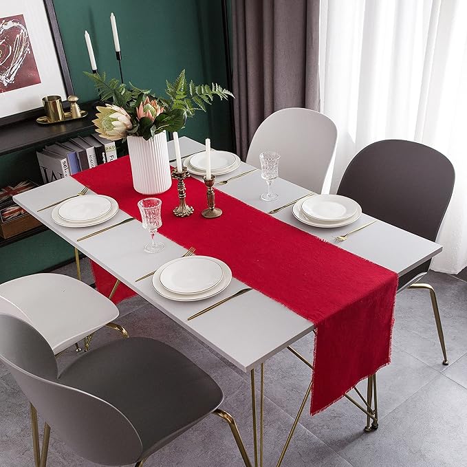 Christmas Table Runner with Fringe- 14x90 Inch Long Red, 100% Pure Linen Christmas Runner for Table, Red Table Runner for Winter – Machine Washable, Handmade