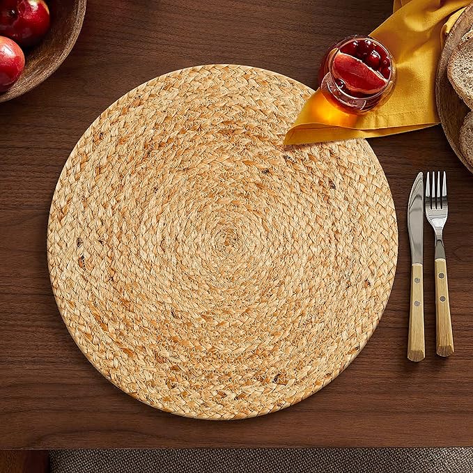 Hausattire Jute Braided Placemats 14 Inches Round Set of 4 Reversible Handwoven Boho Vintage Placemats for Kitchen Dining Tables|BBQ's Thanksgiving Decor Weddings Indoor & Outdoor Parties|Natural
