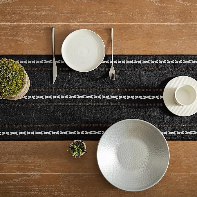 Hemstitched Farmhouse Table Runner, Black 13x72 Inch, Cotton Linen Table Runners 72 Inches Long, Embroidered Striped Orange Boho Table Runner Rustic Home Decor