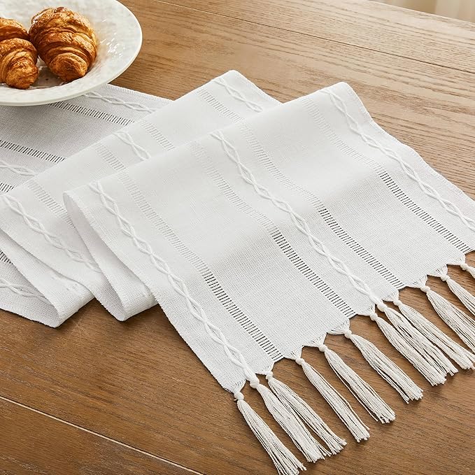Christmas Table Runner, White 13x90 Inch, Hemstitched Farmhouse Cotton Linen Boho Table Runners 90 Inches Long, Embroidered Striped Rustic Home Decor