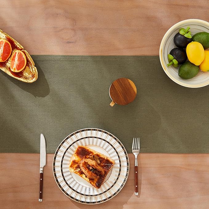 ZeeMart Rustic Cotton Linen Table Runner, 13x60 Inches Olive, Farmhouse Style Green Table Runners 60 Inches Long, Washable Kitchen Dining Table Decoration for Home Party Decor