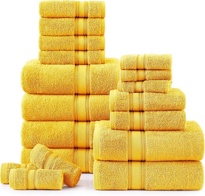 LANE LINEN 18 Pc Bath Towels Set – Ultra Soft 100% Ring-Spun Cotton, 6 Bath, 6 Hand Towel & 6 Wash Cloth, Zero Twist, Quick-Dry, Long-Lasting Comfort & Hotel Quality, Machine Washable – Mimosa