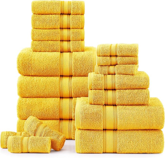 LANE LINEN 18 Pc Bath Towels Set – Ultra Soft 100% Ring-Spun Cotton, 6 Bath, 6 Hand Towel & 6 Wash Cloth, Zero Twist, Quick-Dry, Long-Lasting Comfort & Hotel Quality, Machine Washable – Mimosa