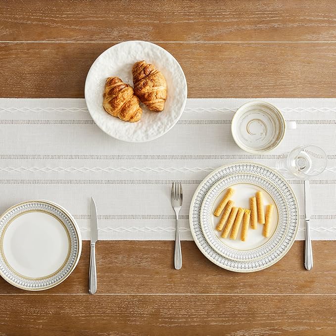 Christmas Table Runner, White 13x90 Inch, Hemstitched Farmhouse Cotton Linen Boho Table Runners 90 Inches Long, Embroidered Striped Rustic Home Decor