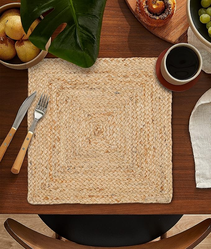 Hausattire Jute Braided Placemats 14x14 Inches Set of 4 Reversible Handwoven Boho Vintage Placemats for Kitchen Dining Tables|BBQ's Thanksgiving Decor Weddings Indoor & Outdoor Parties|Natural