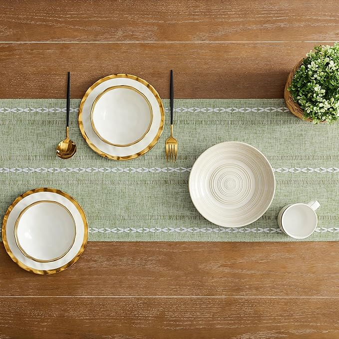 Hemstitched Farmhouse Table Runner, Sage Green 13x36 Inch, Cotton Linen Table Runners 36 Inches Long, Embroidered Striped Sage Green Boho Table Runner Rustic Home Decor