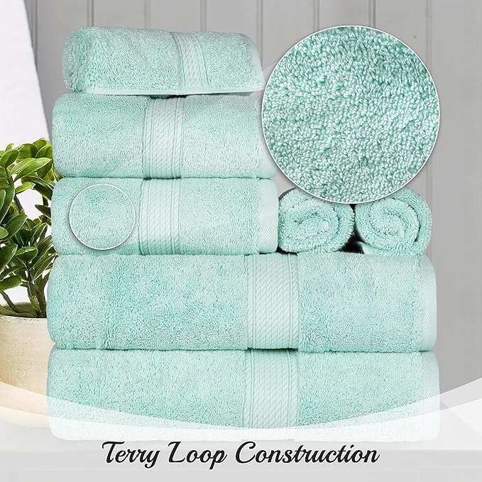 BNM Egyptian Cotton Heavyweight Towels, Ideal For Bathroom, Shower, Spa, Hotel, 800 GSM, Face/ Washcloths, Hand Towels, Bath Towels, Highly-Absorbent, Luxury Home Basics, 9 Piece Towel Set, Sea Foam