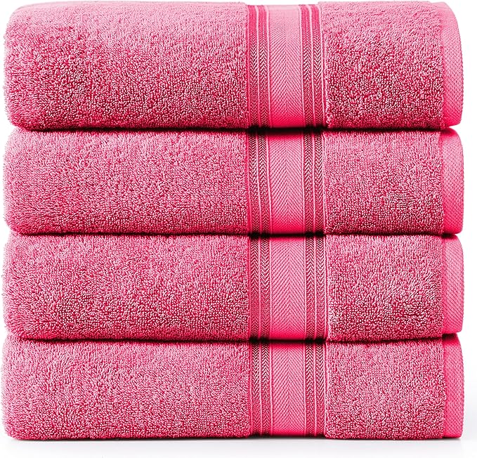 LANE LINEN 100% Cotton Large Bath Towels Set of 4 (30"x60") - Zero Twist, Mercerized Cotton Bathroom Towel 4 Pack - Quick Dry, Soft & Absorbent Large Towels Set - Dorm Essentials for Girls - Fuchsia