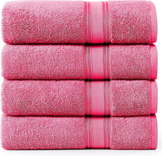 LANE LINEN 100% Cotton Large Bath Towels Set of 4 (30"x60") - Zero Twist, Mercerized Cotton Bathroom Towel 4 Pack - Quick Dry, Soft & Absorbent Large Towels Set - Dorm Essentials for Girls - Fuchsia