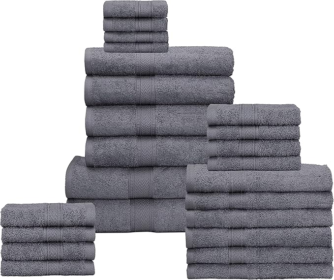 Hillfair 24 Piece Bath Towel Set - 100% Cotton - 2 XXL, 4 Bath, 6 Hand, 4 Fingertip, 8 Washcloths: Platinum