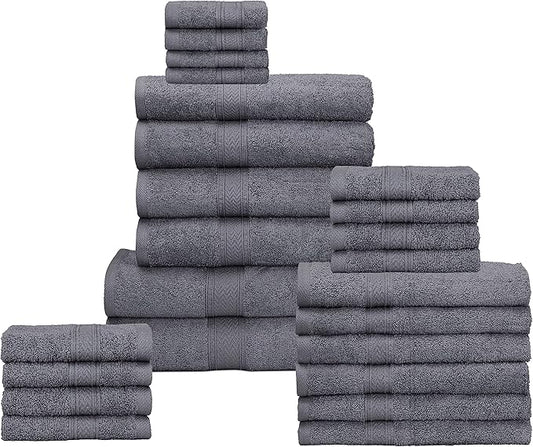 Hillfair 24 Piece Bath Towel Set - 100% Cotton - 2 XXL, 4 Bath, 6 Hand, 4 Fingertip, 8 Washcloths: Platinum