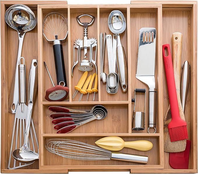 Bellemain Expandable Bamboo Drawer Organizer - Large Kitchen Utensil Holder for Cutlery, Silverware, Flatware Storage - Utensil Organizer for Kitchen Drawers, Desk, Junk Drawer Organizer Tray, 8-Slot