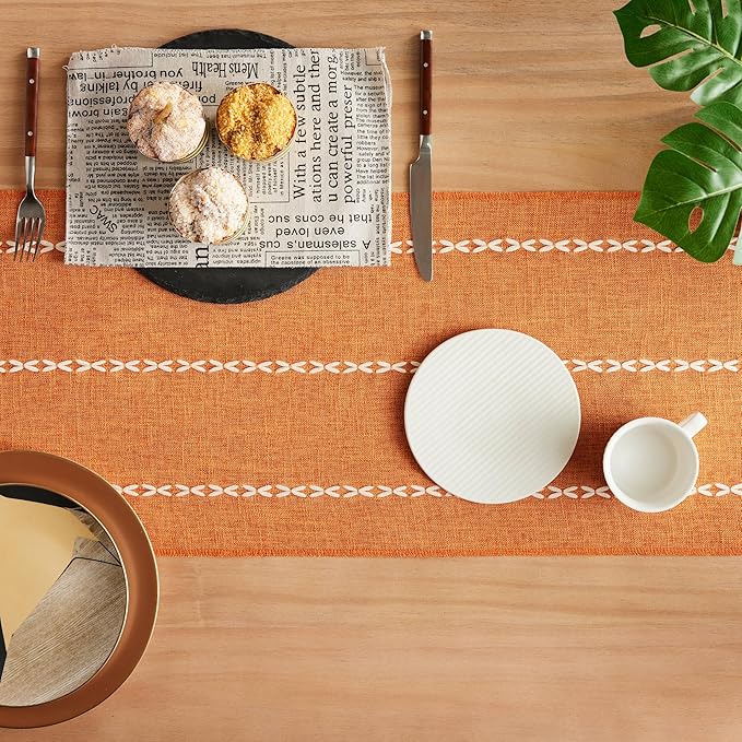 Braided Farmhouse Table Runner,Braided Pumpkin 13x48 Inch, Cotton Linen Table Runners 48 Inches Long, Embroidered Striped Pumpkin Boho Table Runner Rustic Home Decor