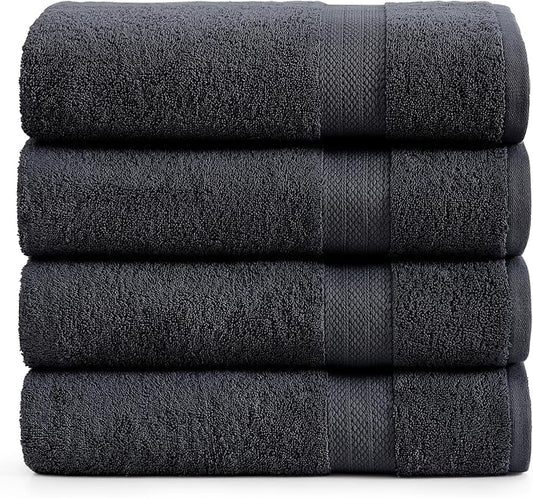 LANE LINEN 100% Cotton Bath Towels 4 Pack (28"x54") - Ring Spun Mercerized Cotton Large Towel Set for Bathroom - Quick Dry, Soft & Absorbent Large Bath Towel Set - Oeko Tex Certified - Black Towels