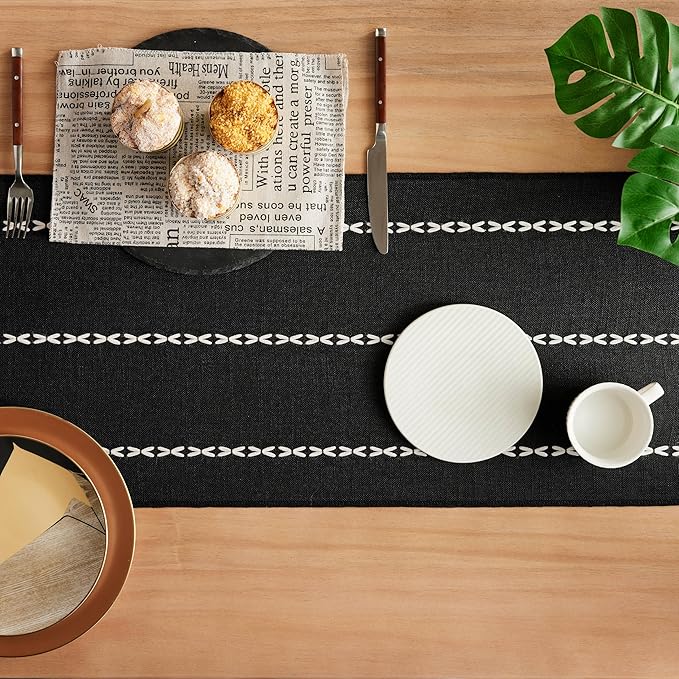 Braided Farmhouse Table Runner,Braided Black 13x60 Inch, Cotton Linen Table Runners 60 Inches Long, Embroidered Striped Black Boho Table Runner Rustic Home Decors