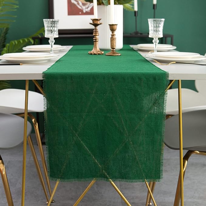 Christmas Table Runner with Fringe- 14x72 Inch Green, 100% Pure Linen Christmas Runner for Table, Green Table Runner for Winter – Machine Washable, Handmade