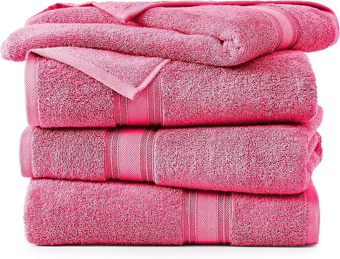 LANE LINEN 100% Cotton Large Bath Towels Set of 4 (30"x60") - Zero Twist, Mercerized Cotton Bathroom Towel 4 Pack - Quick Dry, Soft & Absorbent Large Towels Set - Dorm Essentials for Girls - Fuchsia