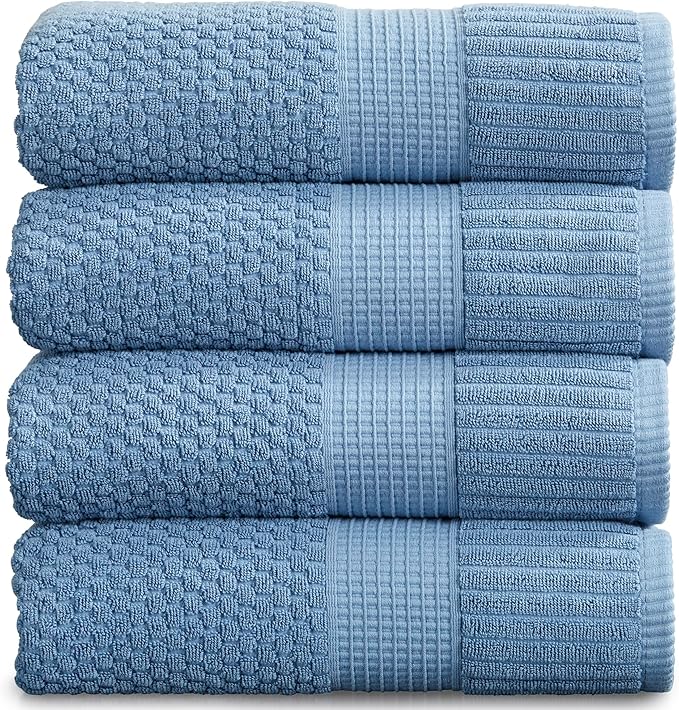NY Loft 100% Cotton Bath Towel 4 Pack | Super Soft & Absorbent Quick-Dry Bath Towels 30" x 52" |Textured and Durable Cotton | Trinity Collection (4 Pack Bath Towel, Blue Shadow)