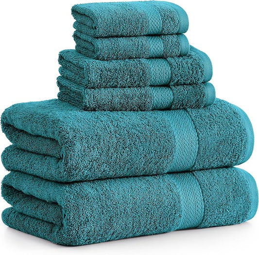 LANE LINEN 100% Cotton 6 Piece Bath Towel Set - Ring Spun, Quick Dry, Super Soft & Highly Absorbent - 2 Bath, 2 Washcloths, 2 Bathroom Hand Towels - Hotel Quality Luxury Bathroom Towel Set - Sea Port