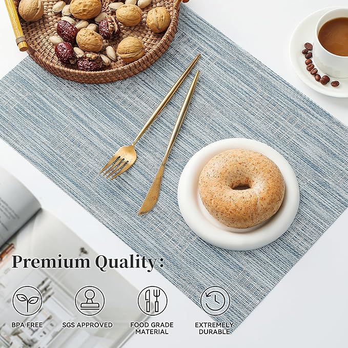 Leetaltree Alice Blue Placemats Set of 6 - Heat Resistant Non-Slip Place mats for Dining Table, Washable Durable PVC Vinyl Woven Table Mats（Jacquard Blue, 6）