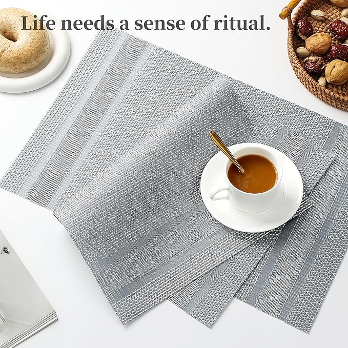 Leetaltree Lunar Grey Placemats Set of 6 - Heat Resistant Non-Slip Place mats for Dining Table, Washable Durable PVC Vinyl Woven Table Mats（Lunar Grey, 6）