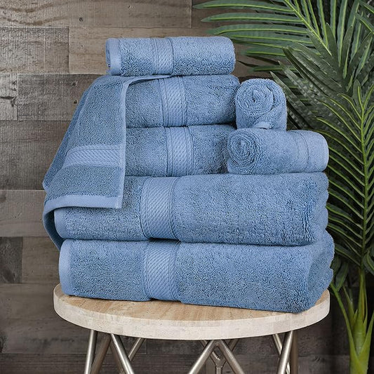 BLUENILEMILLS Madison Egyptian Cotton Towels, Towel Set for Bathroom, Shower, Hotel, Plush, 900 GSM, Highly Absorbent and Ultra-Soft Towels, Bath Essentials, 8 Piece Assorted Towel Set, Denim Blue