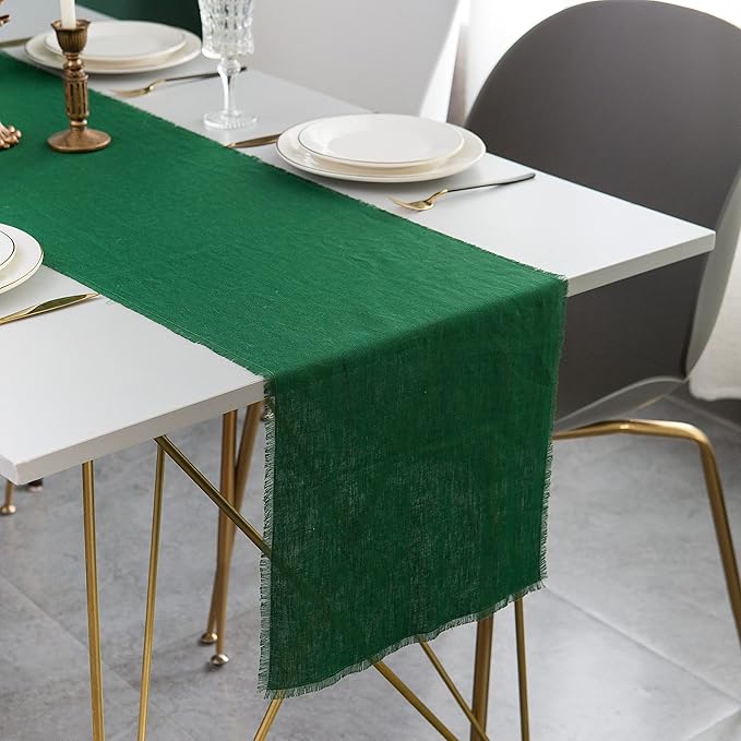 Christmas Table Runner with Fringe- 14x72 Inch Green, 100% Pure Linen Christmas Runner for Table, Green Table Runner for Winter – Machine Washable, Handmade