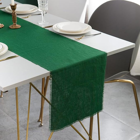 Christmas Table Runner with Fringe- 14x72 Inch Green, 100% Pure Linen Christmas Runner for Table, Green Table Runner for Winter – Machine Washable, Handmade