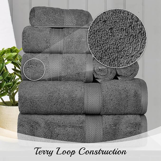 BNM Egyptian Cotton Heavyweight Towels, Ideal For Bathroom, Shower, Spa, Hotel, 800 GSM, Face/ Washcloths, Hand Towels, Bath Towels, Highly-Absorbent, Luxury Home Basics, 9 Piece Towel Set, Charcoal