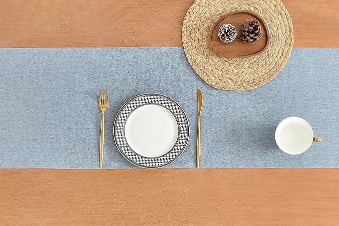 Wracra Linen Style Table Runner, Rustic Farmhouse Chambray Dusty Blue Table Runners 48 Inches Long, Handcrafted Table Runner for Fall, Winter - Everyday Use and Machine Washable